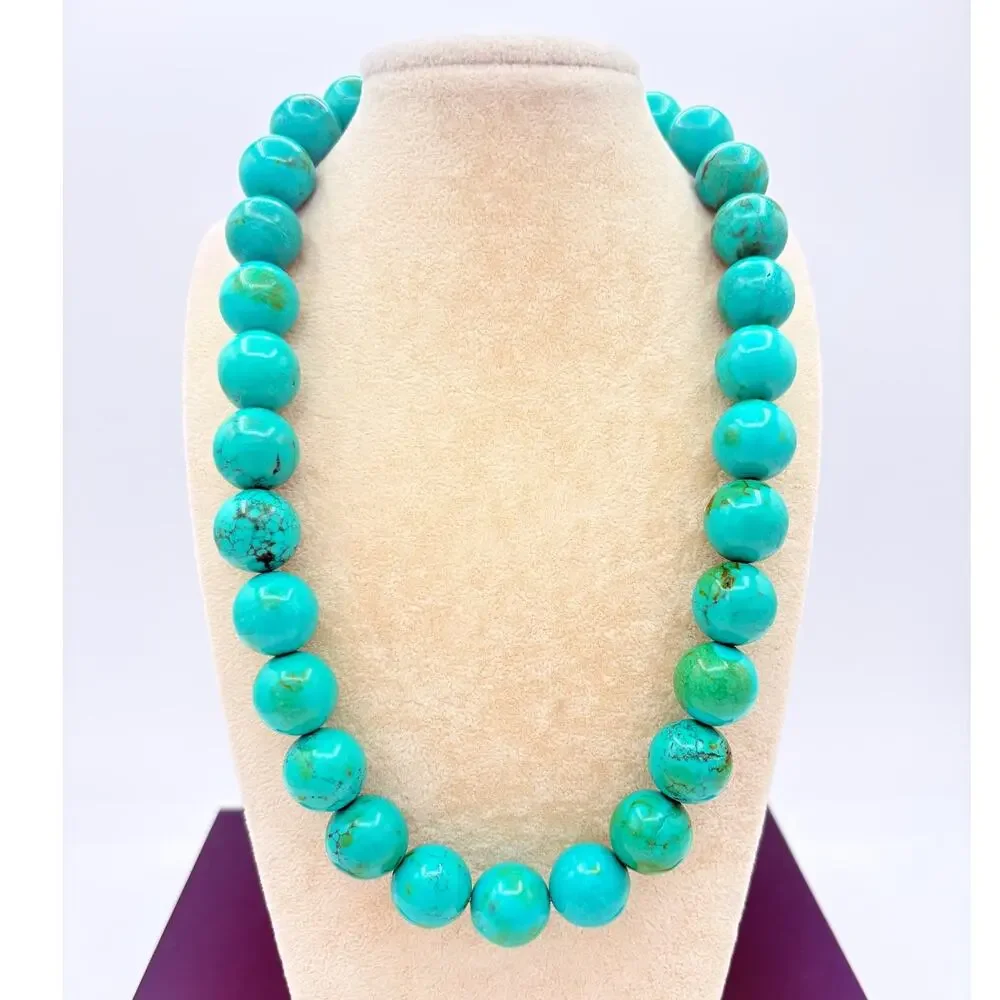 Contemporary Faux Turquoise Stone Necklace • 16mm Round Beads • Magnetic Clasp